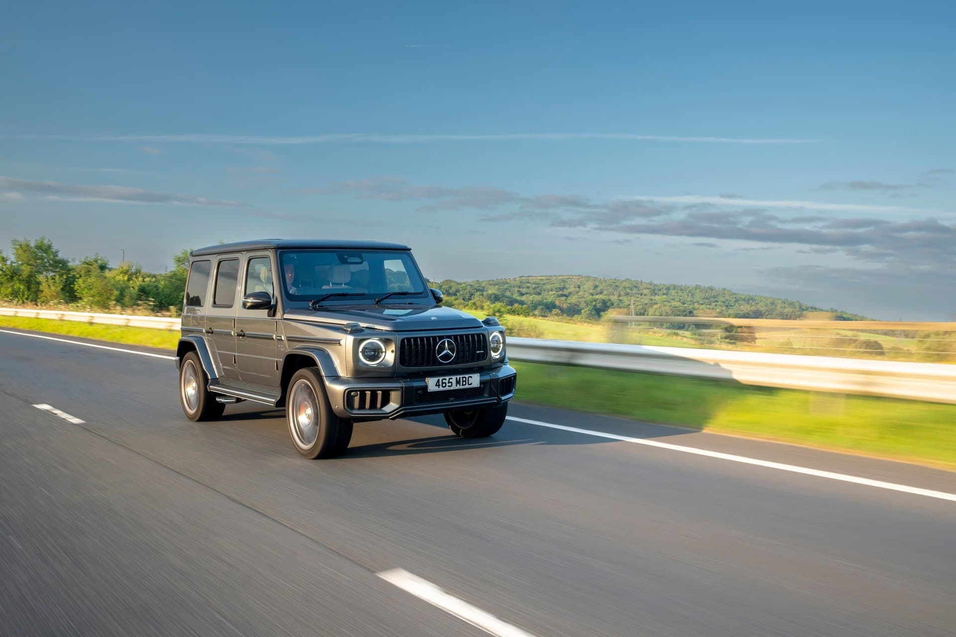 Mercedes-AMG G63 on the road, front three-quarter view