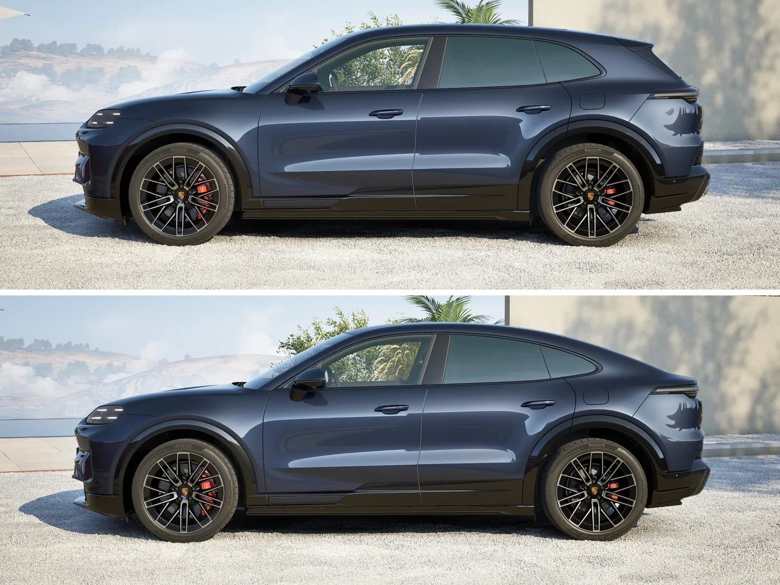 De Porsche Cayenne S Electric in zijaanzicht, als SUV en als Coupé