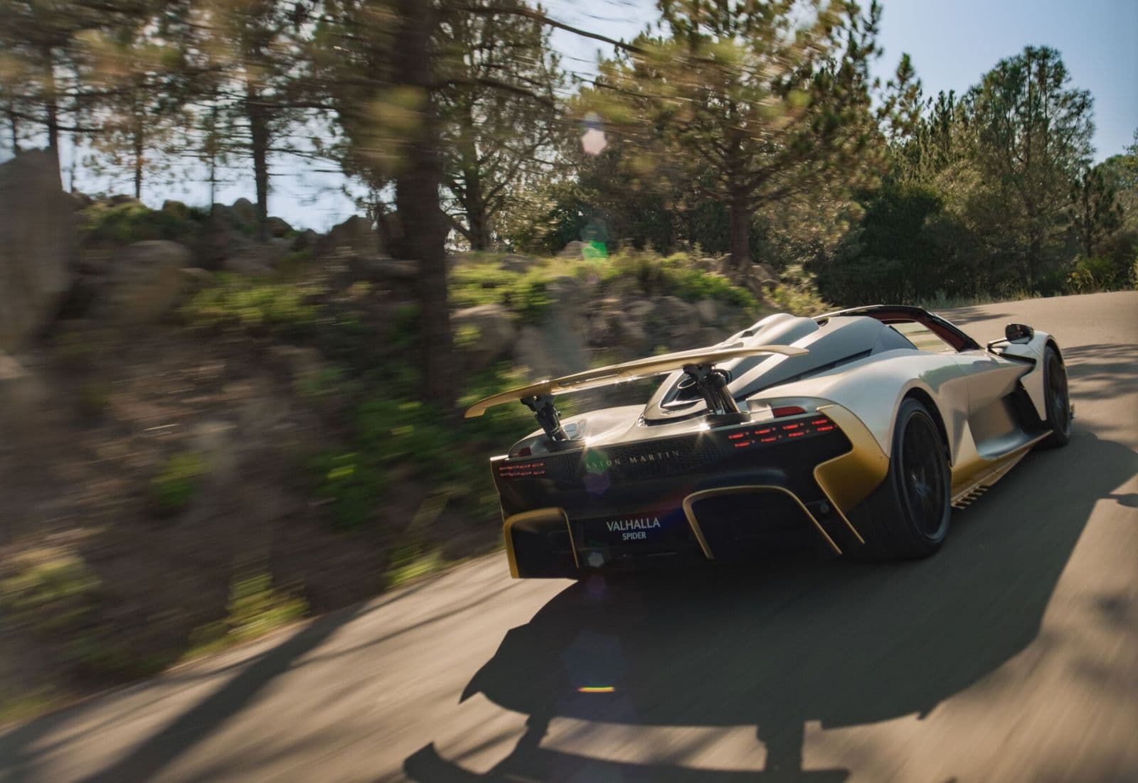aston martin valhalla spider achteraanzicht met spoiler op een bosweg